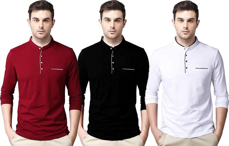 Pack of 3 For Regular Use Combo Of 3 Henley Neck T-Shirt Men Solid Mandarin Collar Cotton Blend White, Maroon, Black T-Shirt