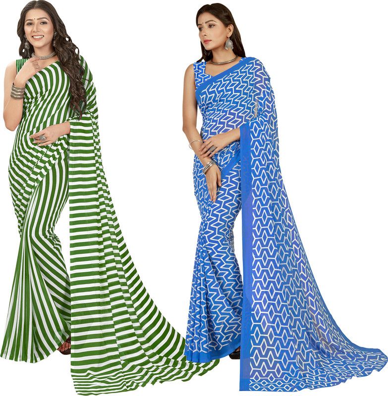 Printed Daily Wear Georgette Saree  (Pack of 2, Green, White, Multicolor)