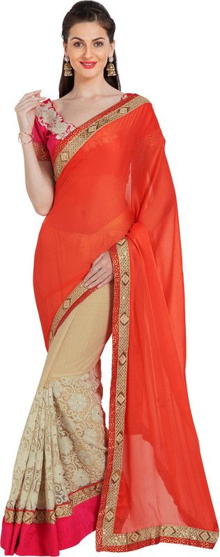 Embroidered Bollywood Cotton Blend, Chiffon Saree  (Orange, Beige)