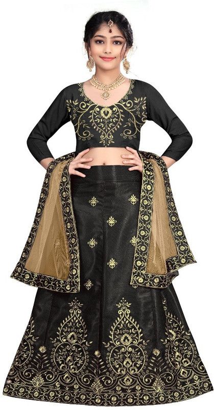 Girls Lehenga Choli Party Wear Embroidered Lehenga, Choli and Dupatta Set  (Black, Pack of 1)