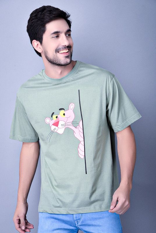 Men Cartoon Round Neck Pure Cotton Green T-Shirt