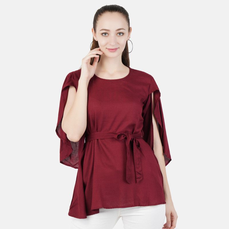 Party Butterfly Sleeves Solid Women Maroon Top