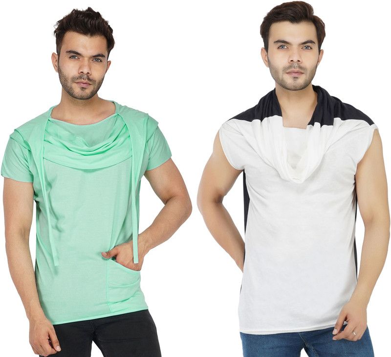 Pack of 2 Men's Pack of 2 Cotton Raw Cut Sleeve Casual Multicolor T-Shirt | Tshirt With Hoodie Design Men Solid Round Neck Cotton Blend Multicolor T-Shirt