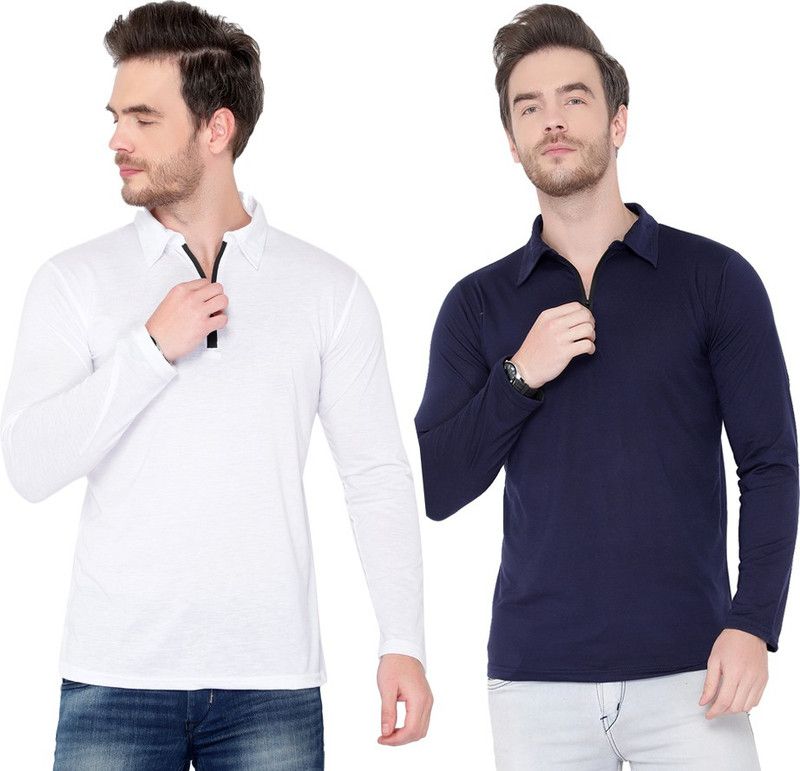 Pack of 2 Men Solid Polo Neck Cotton Blend Dark Blue, White T-Shirt