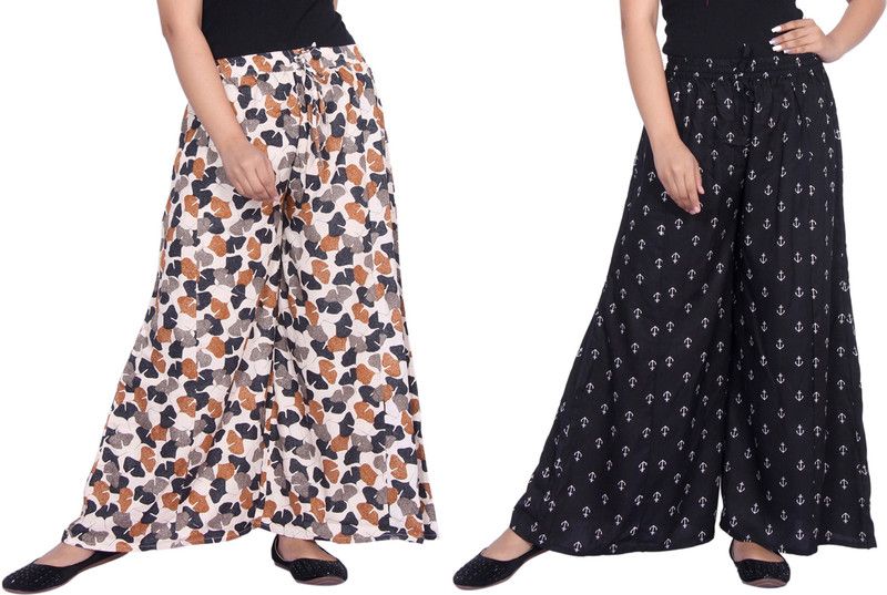 Pack of 2 Women Flared Multicolor Cotton Blend Trousers
