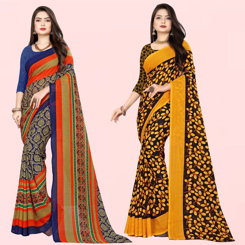 Printed Daily Wear Georgette Saree  (Pack of 2, Blue, Black, Yellow)