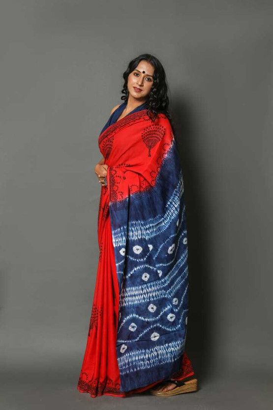 Printed Daily Wear Pure Cotton Saree  (Red, Blue)