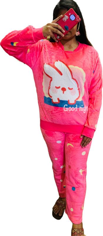 Women Top & Pyjama Set Pink Animal Print