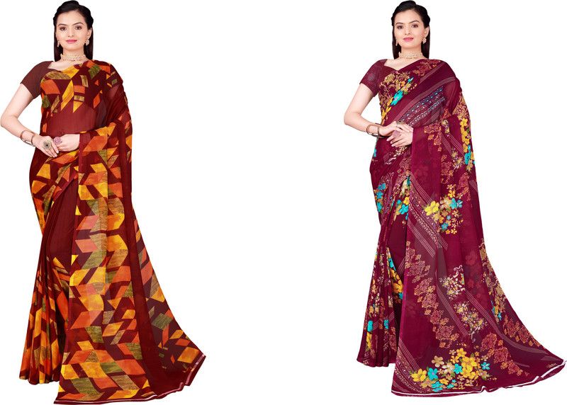 Floral Print Daily Wear Georgette Saree  (Pack of 2, Magenta, Maroon)
