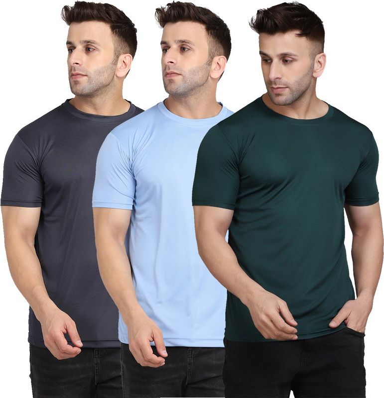 Pack of 3 Men Solid Round Neck Polyester Multicolor T-Shirt