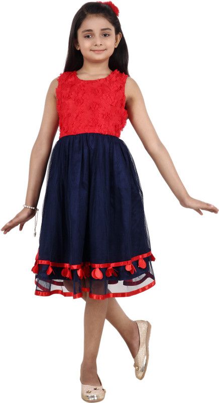 Girls Short/Mid Thigh Casual Dress  (Red, Sleeveless)