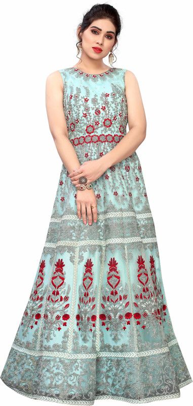 Embroidered Net Semi Stitched Flared/A-line Gown  (Light Blue)
