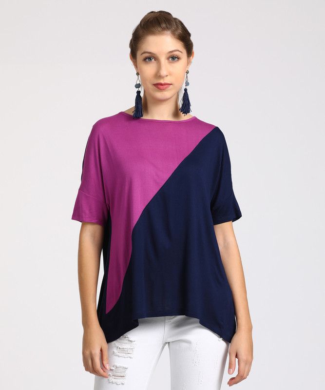 Casual Regular Sleeves Color Block, Solid Women Dark Blue, Pink Top