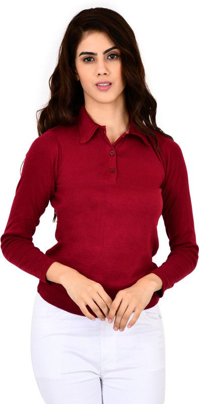 Women Solid Polo Neck Cotton Blend Maroon T-Shirt