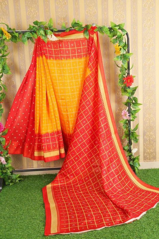 Checkered Bandhani Art Silk Saree  (Yellow, Red)
