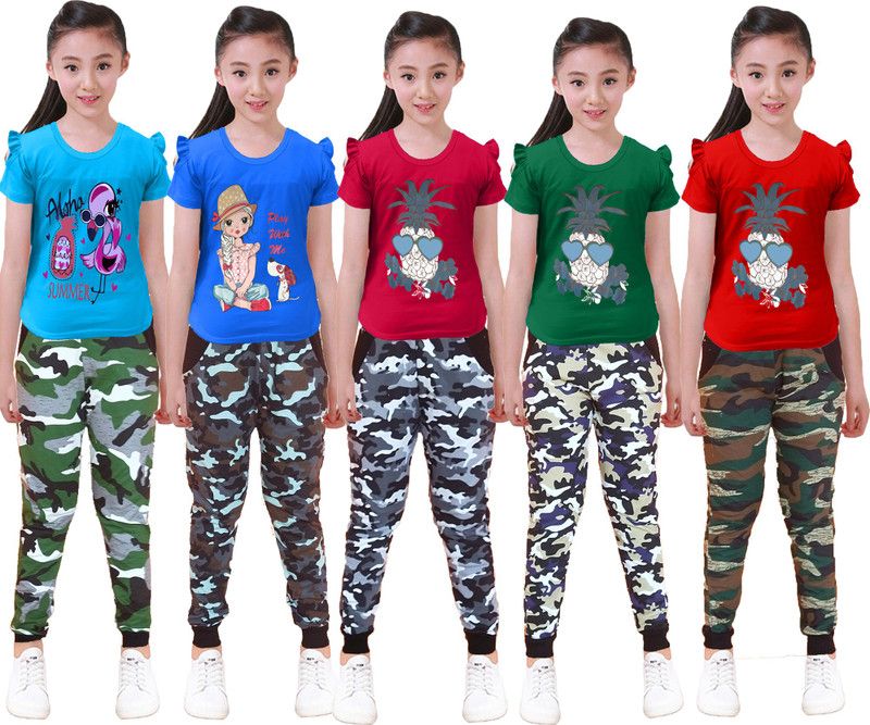 Girls Casual Top Track Pants  (Multicolor)