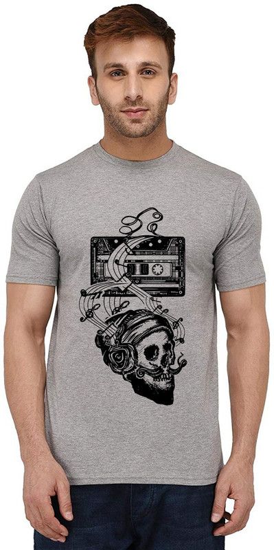 Cassette Music Skull Men Graphic Print Round Neck Pure Cotton Grey T-Shirt