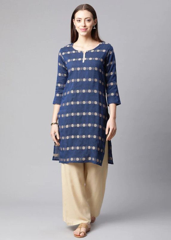 Women Woven Design Jacquard A-line Kurta  (Blue)