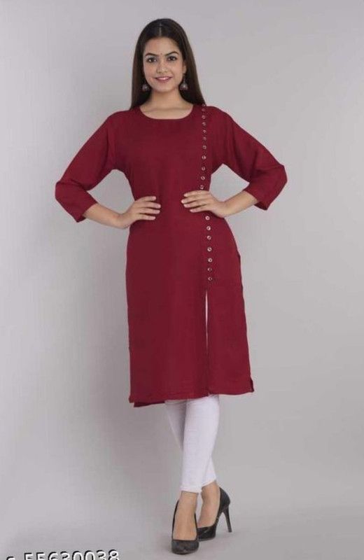 Women Solid Cotton Silk Frontslit Kurta  (Maroon)
