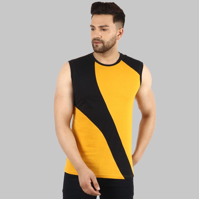 Sleeveless Round Neck Men Tshirt Men Colorblock Round Neck Pure Cotton Black, Yellow T-Shirt
