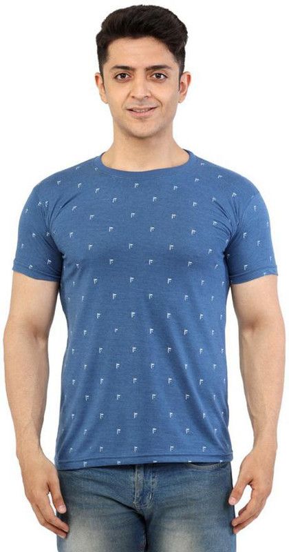 WV-ABJHHTS002 Men Printed Round Neck Pure Cotton Dark Blue T-Shirt