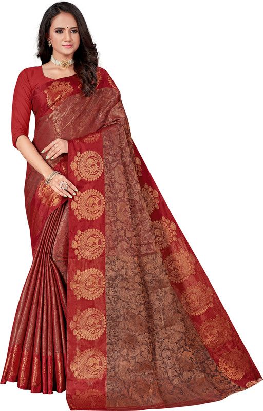 Printed Kanjivaram Silk Blend Saree  (Maroon)