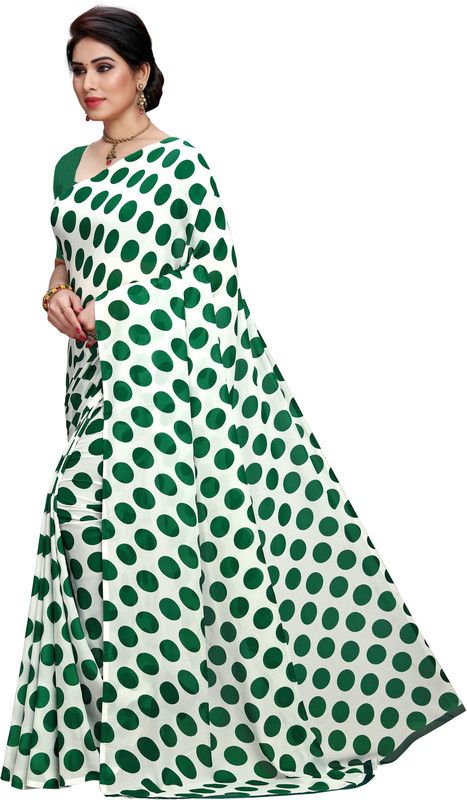 Polka Print Daily Wear Georgette Saree  (White, Green)