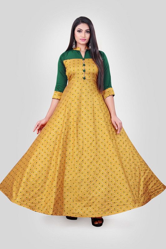 Checkered Jacquard Stitched Flared/A-line Gown  (Yellow)