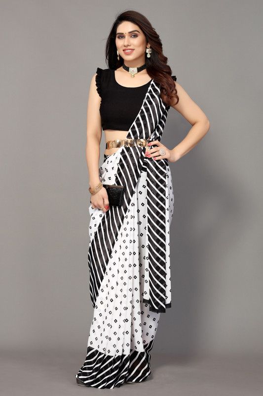 Printed, Striped Bollywood Georgette Saree  (Black)