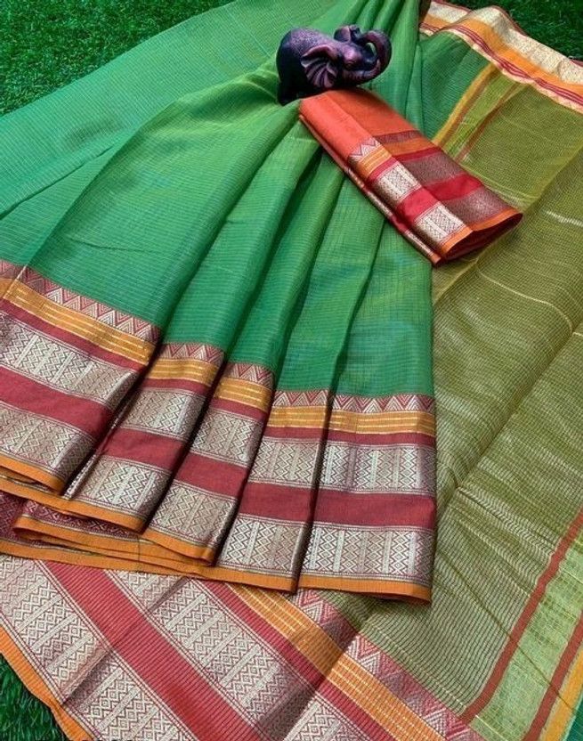 Woven Kota Doria Cotton Blend Saree  (Green)