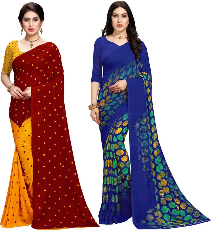 Printed Bollywood Georgette Saree  (Pack of 2, Red, Blue, Yellow)