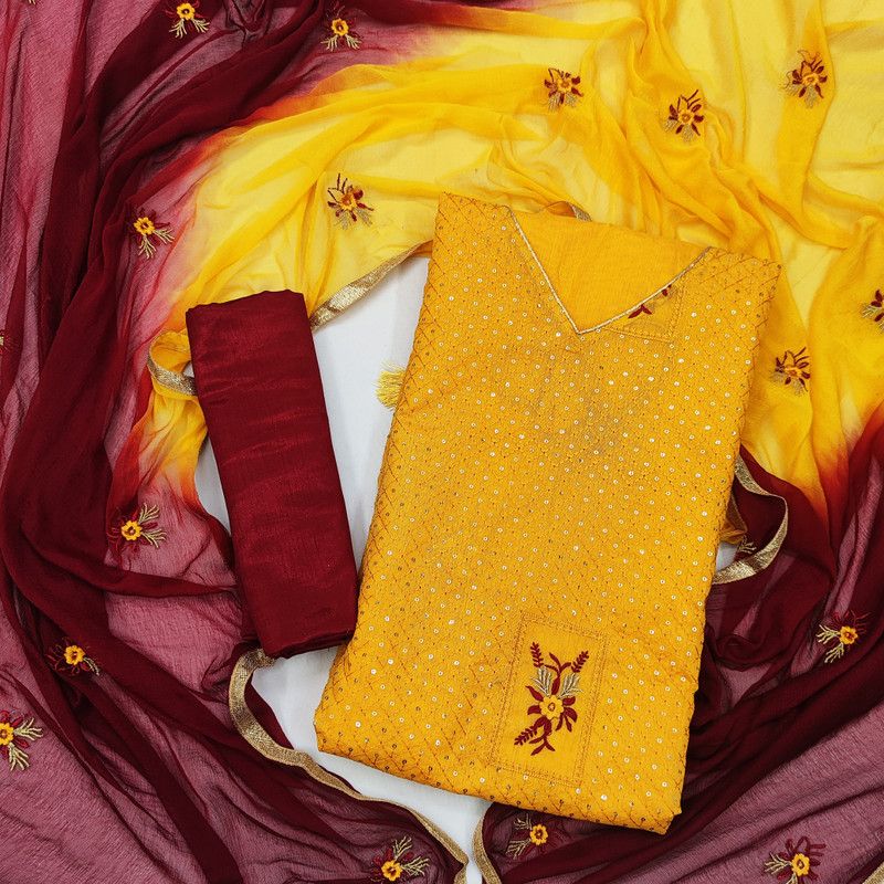 Unstitched Chanderi Kurta & Churidar Material Embellished