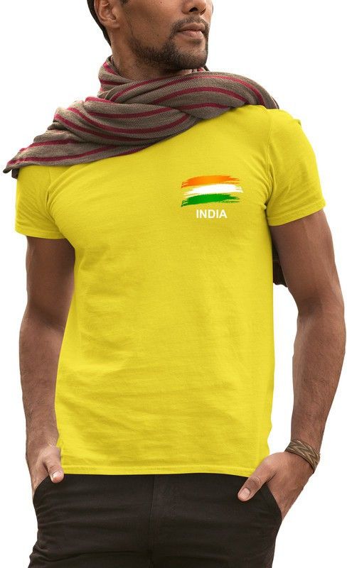 Indian_Flag-HF4-Y-S Men Printed Round Neck Pure Cotton Yellow T-Shirt