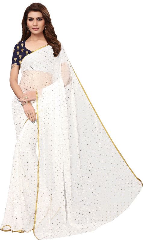 Solid/Plain Bollywood Chiffon Saree  (White)