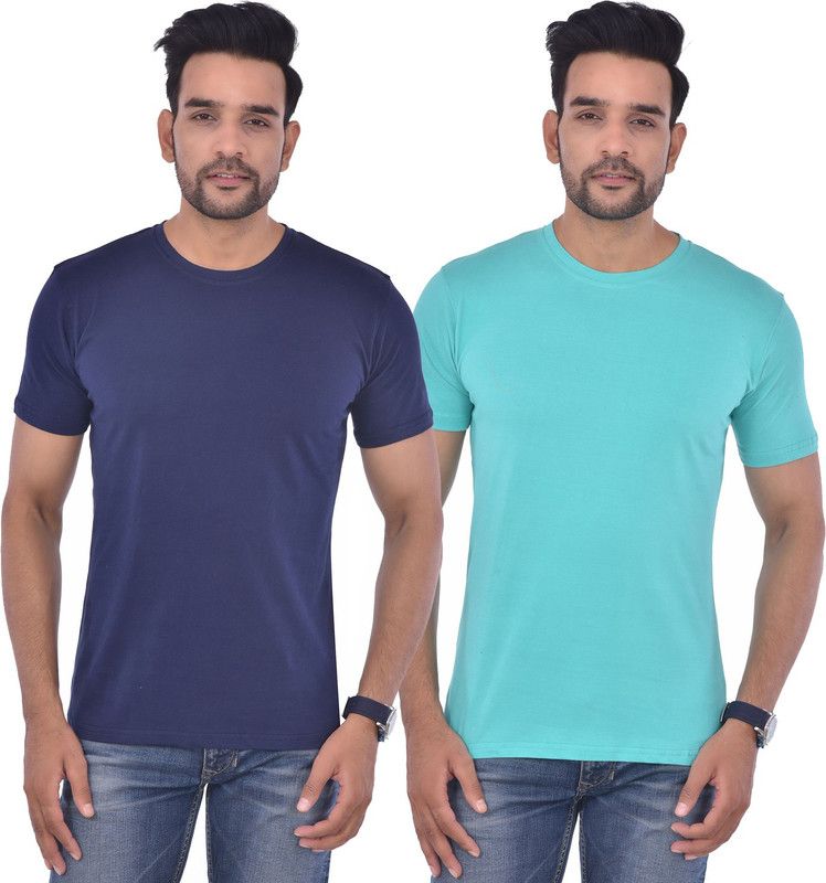 Pack of 2 Men Solid Round Neck Cotton Blend Light Green, Navy Blue T-Shirt