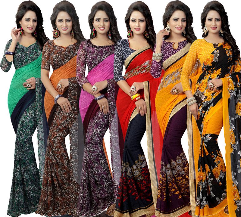 Printed Daily Wear Georgette Saree  (Pack of 6, Purple, Red, Green, Pink, Orange, Yellow)