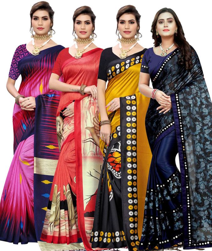 Embellished Bollywood Lycra Blend, Art Silk Saree  (Pack of 4, Dark Blue, Red, Pink, Black)