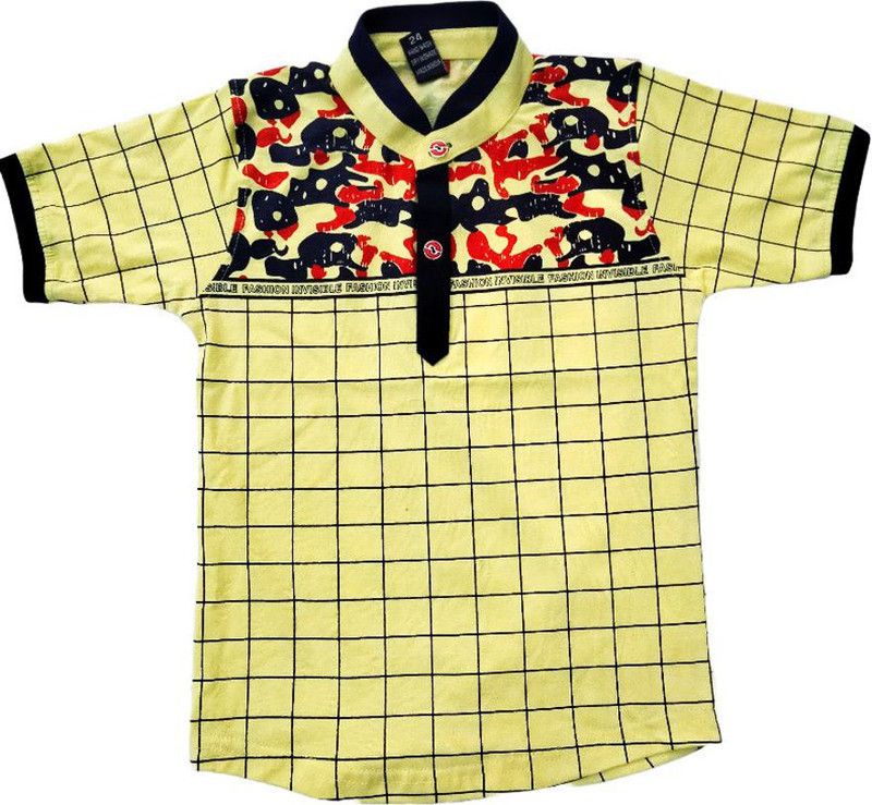 Boys Checkered Pure Cotton T Shirt  (Yellow, Pack of 1)