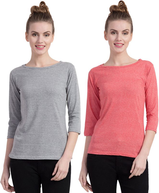 Pack of 2 Women Self Design, Solid Boat Neck Pure Cotton Pink, Grey T-Shirt