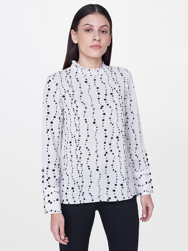 Casual Cuffed Sleeves Printed Women White, Black Top