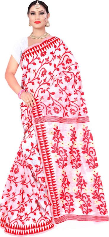 Printed Jamdani Cotton Silk Saree  (Red, White)