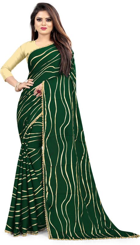 Striped Bollywood Satin Saree  (Dark Green)