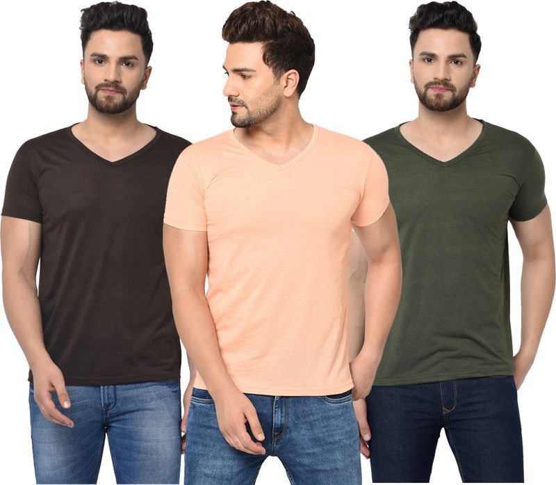 Pack of 3 Men Solid V Neck Cotton Blend Dark Green, Brown, Orange T-Shirt