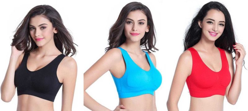 Pack of 3 Women Sports Non Padded Bra  (Black, Blue, Red)