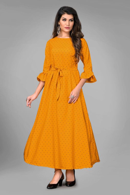 Printed Crepe Stitched Anarkali Gown  (Yellow)
