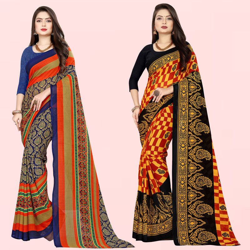 Printed Daily Wear Georgette Saree  (Pack of 2, Red, Blue, Black, Yellow)