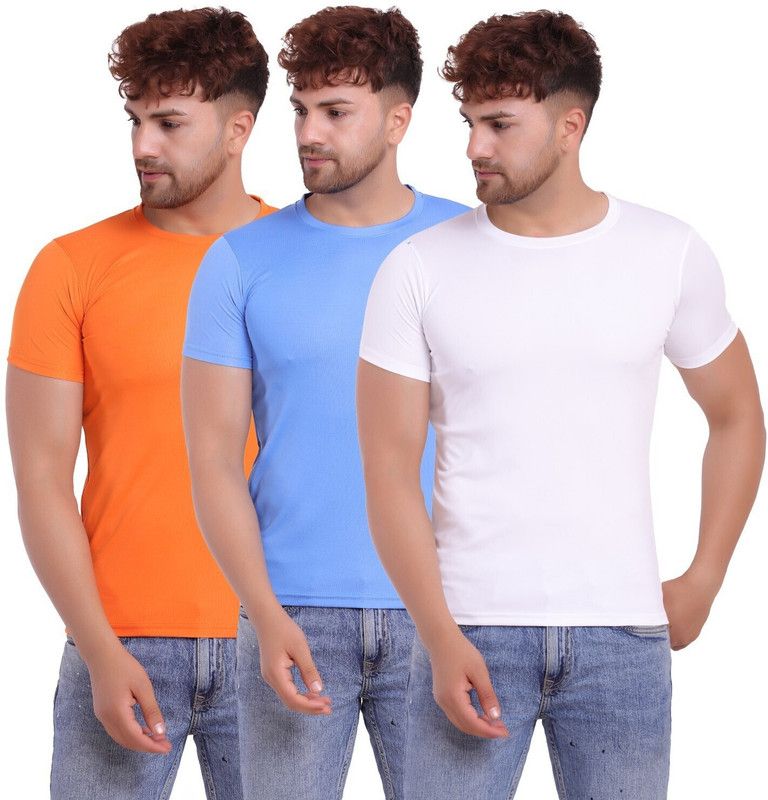 Pack of 3 Men Solid Round Neck Polyester Light Blue, White, Orange T-Shirt