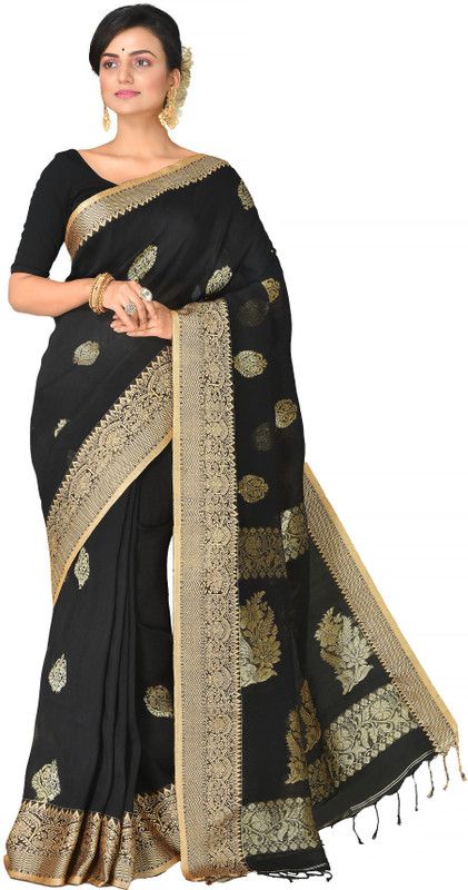 Woven Handloom Cotton Linen Saree  (Gold, Black)