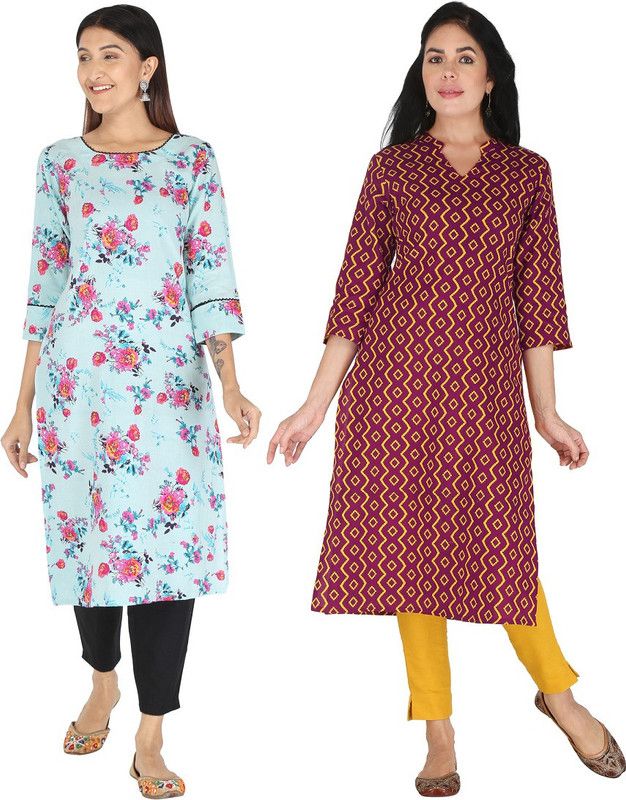 Pack of 2 Women Floral Print Viscose Rayon Straight Kurta  (Purple, Blue)