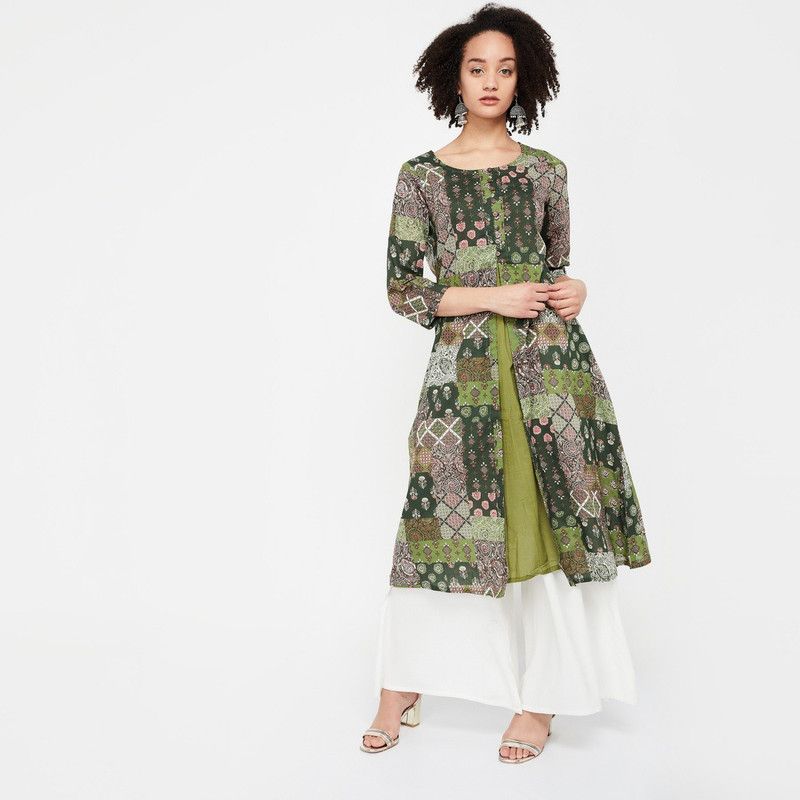 Women Printed Cotton Blend Frontslit Kurta  (Green)